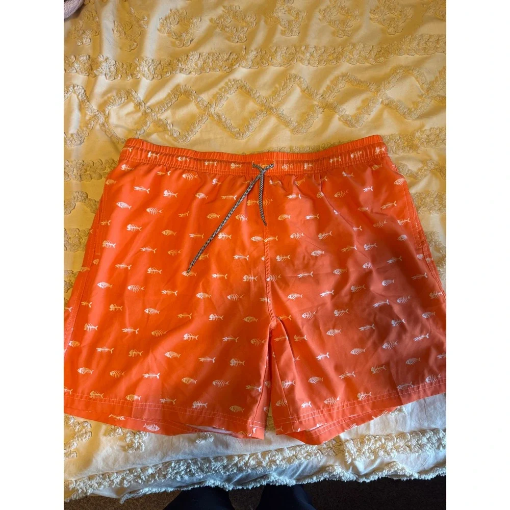 Biwisy Mens Orange Fish Bone Skeleton Print Swim Trunks Board Shorts Size 2XL